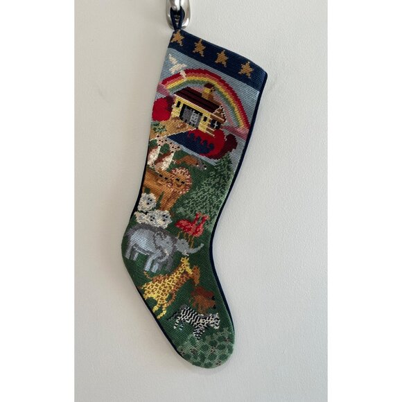 VTG Noah's Ark Wool Needlepoint Christmas Stocking Navy Velvet 1994 C & F Ent. - Picture 1 of 6